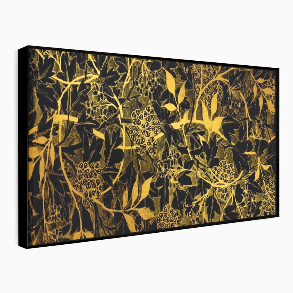 Tablou canvas cu model floral auriu pe fond negru, in rama de aluminiu negru